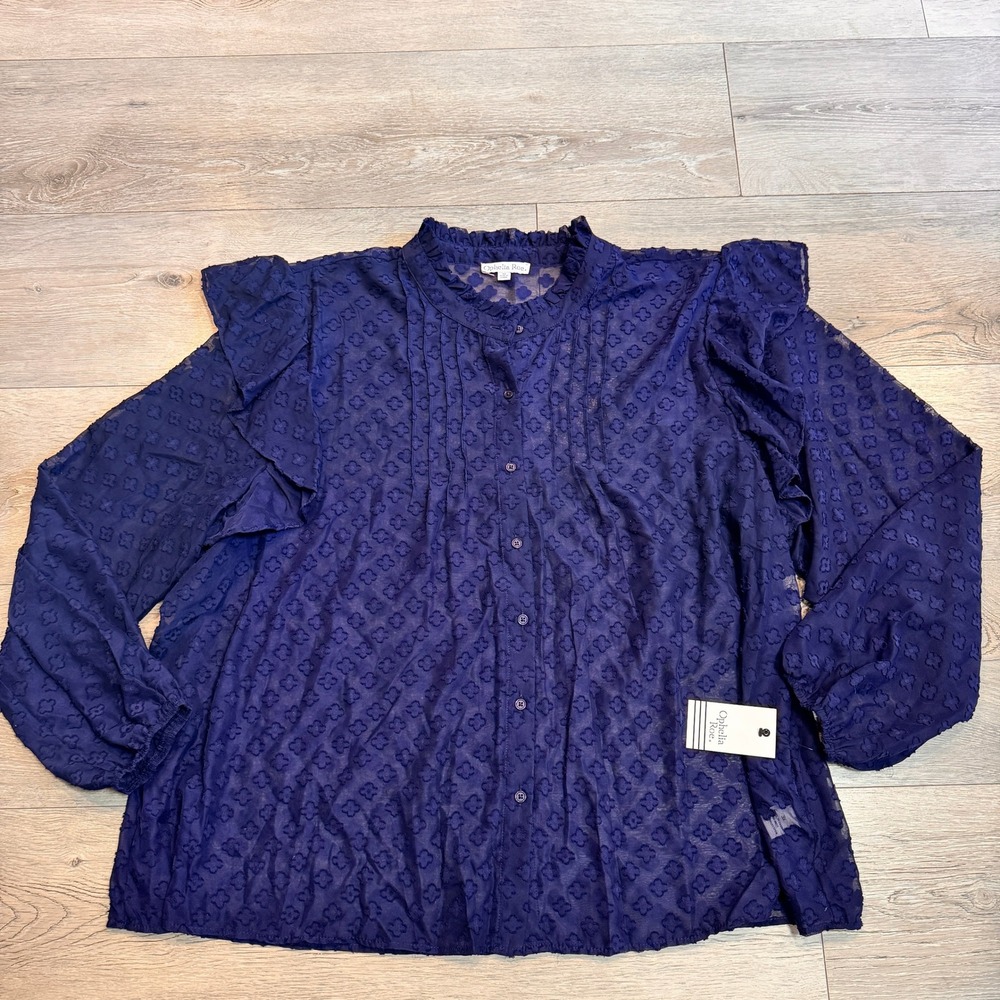 Ophelia Roe‎ Blouse Ruffle Trim Sheer Floral Button Down Top Navy Blue Plus 3X